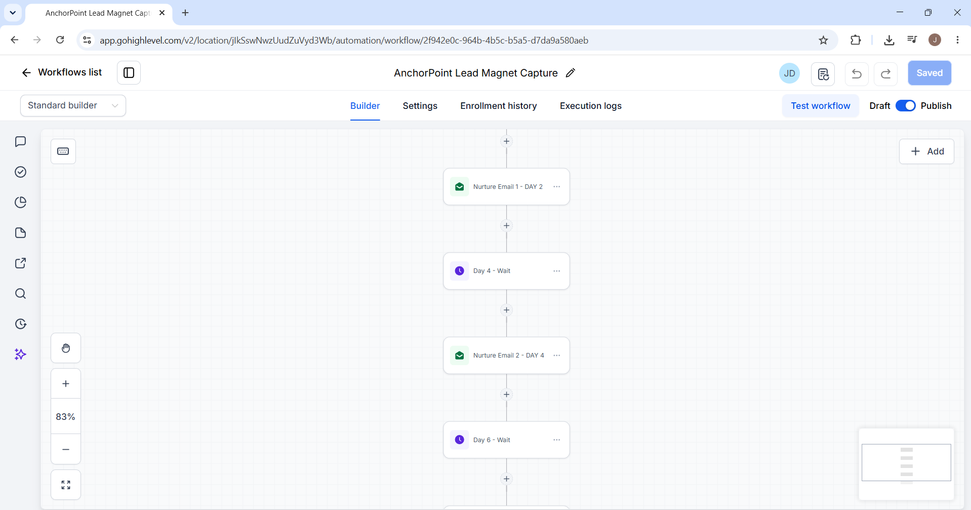 Lead nurture workflow with timed email follow-ups