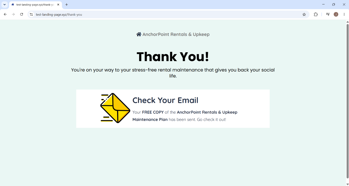 Maintenance plan thank-you page