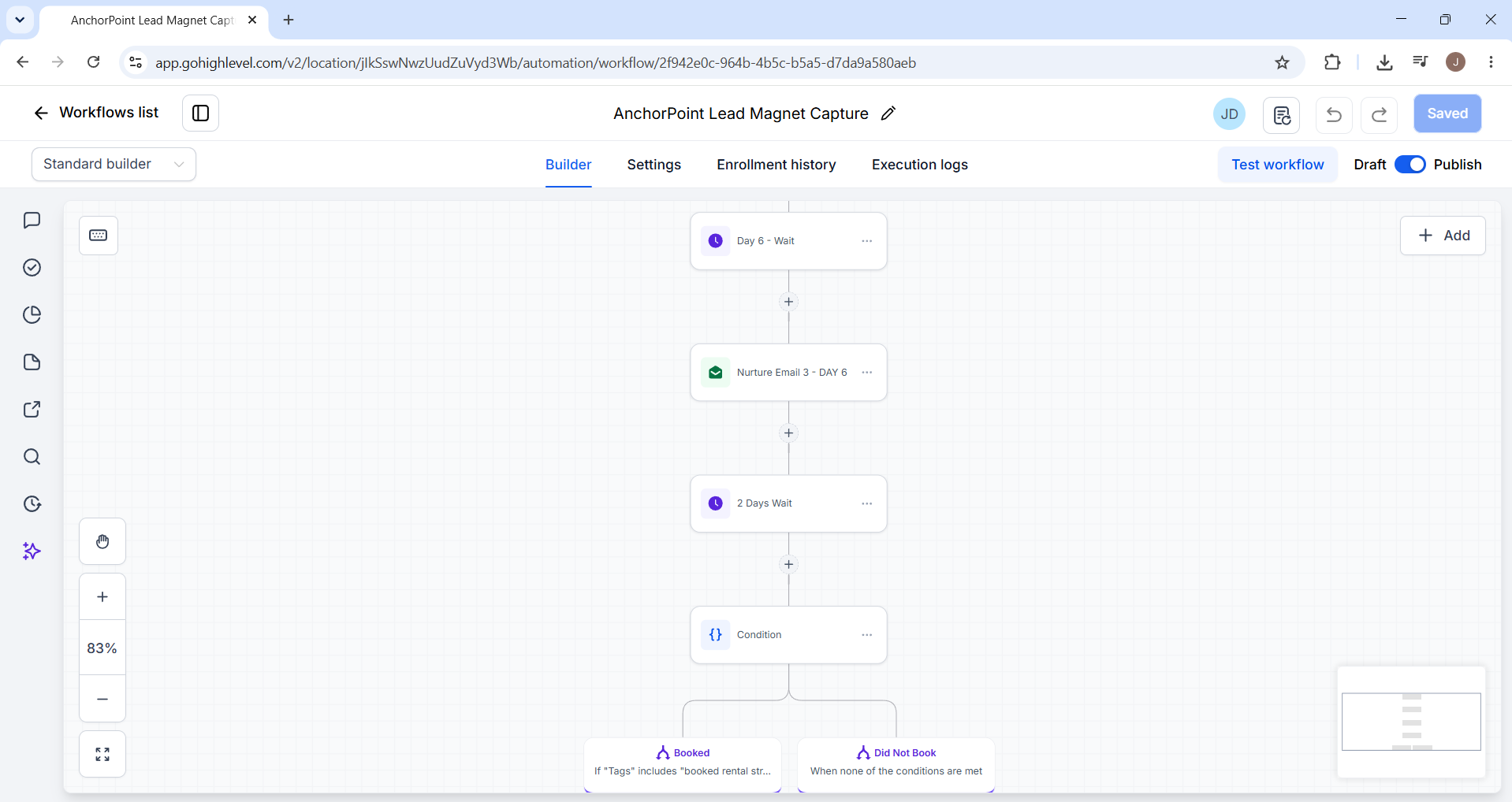 Lead nurture sequence with day-six email and wait steps
